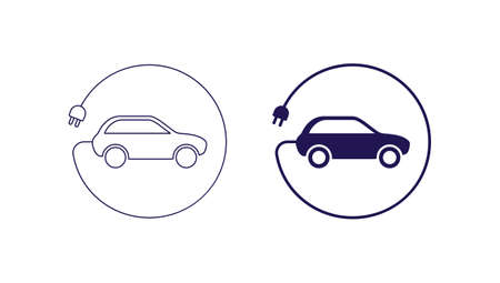 Electric car concept. Vector line and flat icon illustration. Set of vehicle with electro plug connector icons isolated on white background. Side view. Design for ecology and transportationのイラスト素材