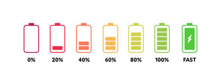 Battery recharge icon set. Vector flat illustration. Red to yellow and green color icons isolated on white background. Percentage charge indicator numbers. Full load energy accumulator symbol.のイラスト素材