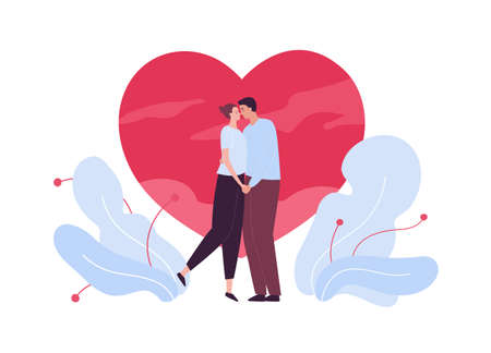Love, date and relationship concept. Vector flat people illustration. Full length man and woman standing lovers couple standing in romantic pose on pink heart background. Design for valentine day.のイラスト素材