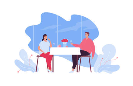 Love, date and relationship concept. Vector flat people illustration. Full length man and woman sitting with wine drink at table in restaurant. Design for valentine day, anniversary.のイラスト素材