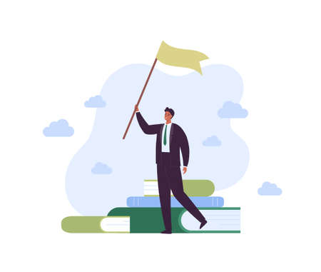 Education concept. Business MBA courses. Vector flat people illustration. Male businessman student in suit standing with flag in hand. Book symbol on sky backgroundのイラスト素材