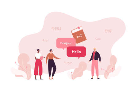 Language school education concept. Vector flat people illustration. Multiethic group of student. Book, speech bubble with hello and bonjour text. Arabian, chinese word on background.のイラスト素材
