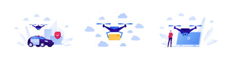 Technology and flying drone concept. Vector flat illustration set. Drone with camera and box. Police...