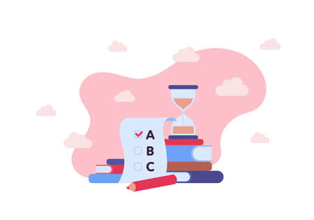 Education and exam concept. Vector flat illustration. No people. Test checklist, book, pencil and hourglass symbol on pink sky background. Design for online course, universityのイラスト素材