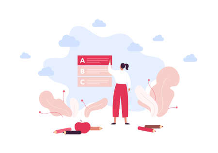 Education and exam concept. Vector flat people illustration. Woman choice answer in quiz. Test checklist, apple and pencil symbol isolated on sky background. Design for online course, universityのイラスト素材