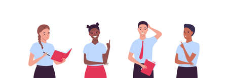 Education concept. Vector flat people illustration. Smiling boy and girl group of children isolated on white. Diverse europian, african, asian and hispanic school kid characters set.のイラスト素材