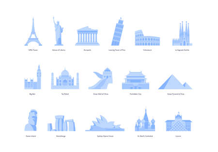 Travel concept. Vector flat illustration set. Collection of blue famous landmark symbol with name isolated on white background. Design for international tourism, vacation, sightseeingのイラスト素材