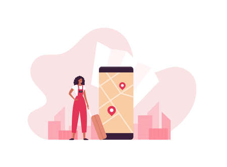 Tourism and city travel concept. Vector flat people illustration. African female tourist with luggage and photo camera. Smartphone with map on screen on abstract city building background,のイラスト素材