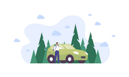 Tourism and road trip concept. Vector flat people illustration. Male tourist with backpack standing near car on abstract forest background. Design for nature park trekking journey.のイラスト素材
