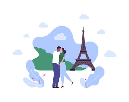 Tourism and famous place travel concept. Vector flat people illustration. Couple of african man with woman kiss on eiffel tower background. Design for romantic vacation, valentine day.のイラスト素材