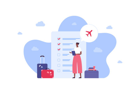 Tourism and air plane travel concept. Vector flat people illustration. African female tourist with document in hands on checklist background. Luggage, airplane, suitcase symbol.のイラスト素材