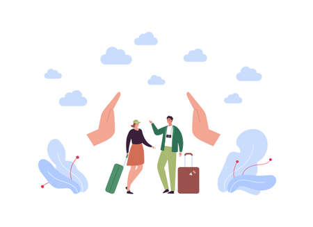 Tourism and vacation travel concept. Vector flat people illustration. Couple of young adult man with photocamera and female tourist with baggage on white background.のイラスト素材