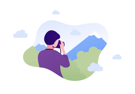 Tourism and hike adventure concept. Vector flat people illustration. Woman photograph with photo camera in hands. Forest, mountain and sky background. Design for nature park trekking journey.のイラスト素材