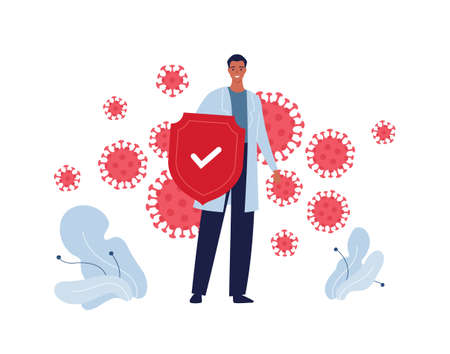 Health care, illness and prevention insurance concept. Vector flat people illustration. Hispanic male doctor with red shield protection and virus epidemic symbol isolated on white background.のイラスト素材