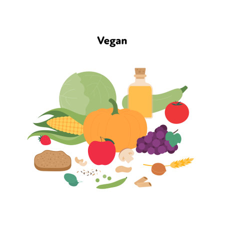 Food plate concept. Vector flat illustration. Vegan diet vegetarian symbol isolated on white background. Veggies, fruit and cereal color sign set.のイラスト素材