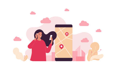 Travel and urban tourism concept. Vector flat character illustration. Female tourist with smartphone in hand on city background. Map with pinpoint on smart phone screen.のイラスト素材