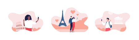 Travel concept and sightseeing collection. Vector flat illustration set. Man and woman male selfie...