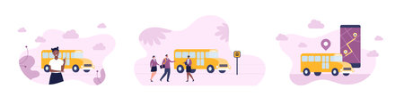 school education concept. Vector flat people illustration set. yellow bus. Boy and girl in uniform with teacher character. city map on smartphone screen.のイラスト素材