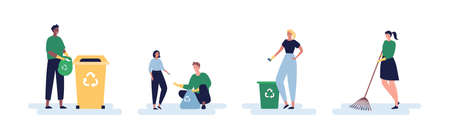 Ecology volunteering concept. Vector flat person illustration set. Diverse male and female group of volunteers collect garbage. Recycle bin and trash bag symbol. Design for ecologyのイラスト素材