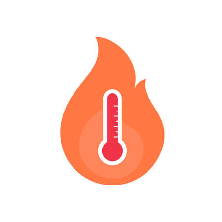 Environmental issue and extreme weather concept. Vector flat icon illustration. Heat wave red color thermometer in flame symbol isolated on white background.のイラスト素材