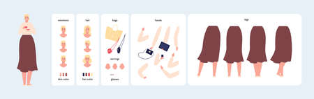 character diy kit. Vector flat design people illustration. woman constructor element set. Body positive female avatar with various emotion, hair, skin, bag, earnings, glasses, hands and leg in skirtのイラスト素材