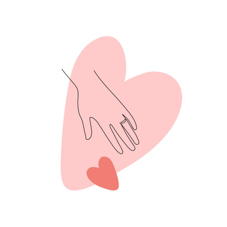 Abstract vector flat one line art illustration. Continous line human hand take heart love symbol silhouette on colorful pink background. Conceptual design for holiday poster, bannerのイラスト素材