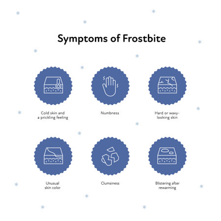 Frostbite and hypothermia health care infographic collection. Vector flat design healthcare illustration. Blue snowflake icon. Various icon of frostbite symptoms with textのイラスト素材