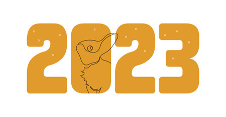 One line silhouette collection. Vector linear art illustration for banner template. Outline rabbit animal in orange color 2023 text isolated on white background. Design element for new year holidayのイラスト素材