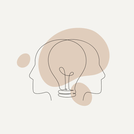 Mental health problem, psychology and business education concept. Vector one line art illustration. Couple of connected human head profile with light bulb by continous line on color splash background.のイラスト素材