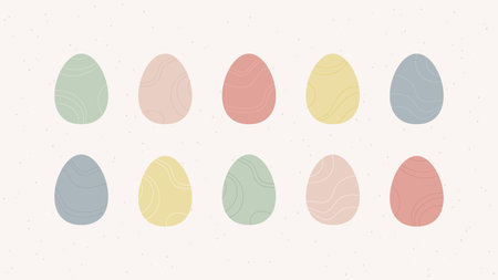 Easter egg collection. Vector modern illustration set. Abstract flat style symbol with lines texture isolated on white background. Design for happy easter day holiday.のイラスト素材