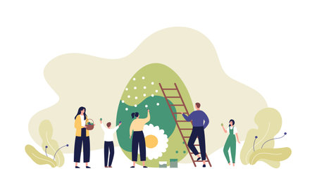 Easter egg concept. Vector modern flat illustration. Family of man, woman, boy and girl paint egg isolated on white background. Design for happy easter day holiday, poster, invitation card.のイラスト素材