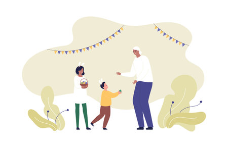 Easter eggs concept. Vector flat illustration. Family of mother, boy and girl gift painted egg on abstract nature background isolated on white. Design for happy easter day holiday invitation card.のイラスト素材