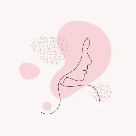 female beauty concept. Vector one line modern illustration. Woman profile avatar by continous line on pink abstract shape. Design element for fashion, skincare, sale, advertisementのイラスト素材