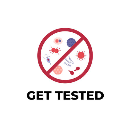 Sexually transmitted disease concept. Vector flat healthcare illustration. STD prevention various viruses and bacteria in stop sign symbol. Design for STI awareness monthのイラスト素材