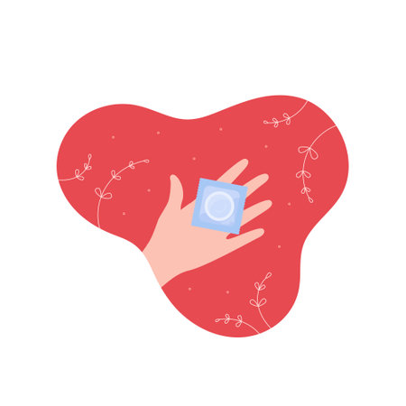Sexual transmitted disease and use condoms concept. Vector flat healthcare illustration. STD prevention by hand hold condom symbol. Design for infection awareness monthのイラスト素材