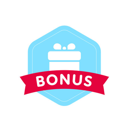 Bonus message sign. Vector modern color illustration. Rhomb blue frame with word on red ribbon with gift box isolated on white background. Design for sale business banner, ad poster, webのイラスト素材