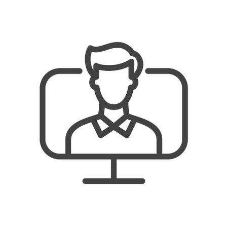 Outline style ui icons online education and training course collection. Vector black linear illustration. Man on computer display symbol isolated on white. Design for college, video conferenceのイラスト素材