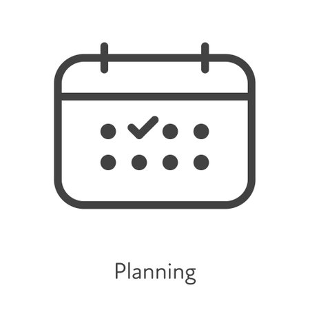 Outline style ui icons soft skill for business collection. Vector black linear illustration. Planning. Schedule calendar with checkmark plan symbol on white. Design for corporate trainingのイラスト素材