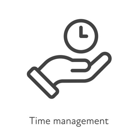 Outline style ui icons soft skill for business collection. Vector black linear illustration. time management. Hand holding clock symbol on white background. Design for corporate trainingのイラスト素材