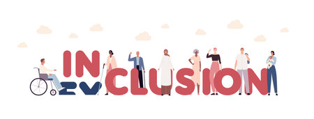 Diversity and inclusion concept. Vector flat horizontal banner illustration. Group of cheerful people in line of different culture, ethnic, body type, age with label exclusion changing.のイラスト素材