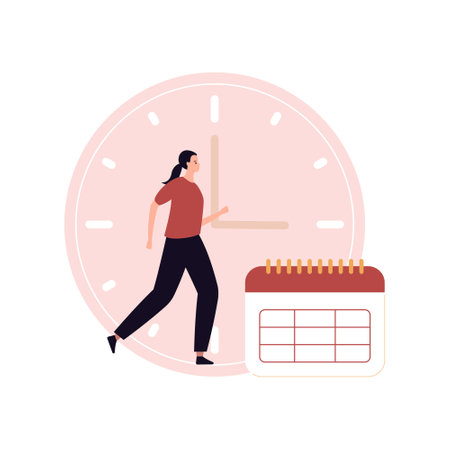 Soft skills for business concept collection. Vector flat character illustration. Woman employee run with clock, schedule symbol isolated on white background. Design for corporate training, businessのイラスト素材