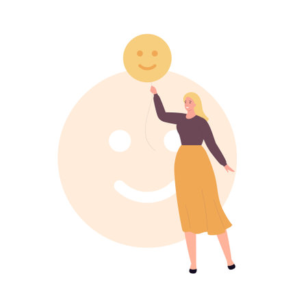 Soft skills for business concept collection. Vector flat character illustration. Emotional intelligence and social media marketing. Woman hold smile emoji in hand. Design for corporate trainingのイラスト素材