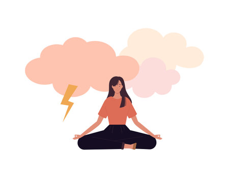 Soft skills for business concept collection. Vector flat illustration. discipline and emotional management. Woman meditate in lotus pose. Lightning shock anger symbol. Design for corporate trainingのイラスト素材