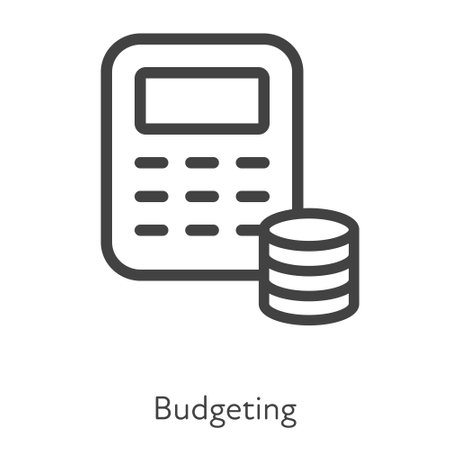 Outline style ui icons hard skill collection. technical and business. Vector black linear icon illustration. Caluculator, stack of money budget symbol isolated on white background. design elementsのイラスト素材