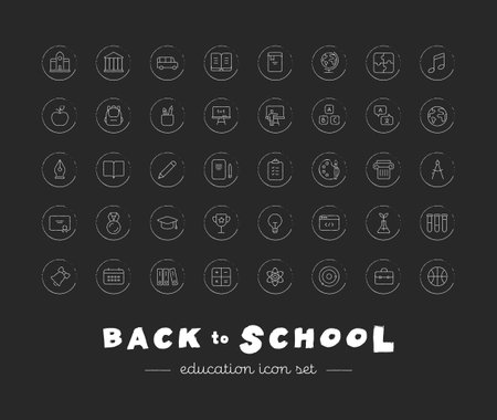 Chalk icons back to school collection. education and science. Vector black linear icon illustration set. Group of white symbol isolated on black board background. Design for university, college, studyのイラスト素材