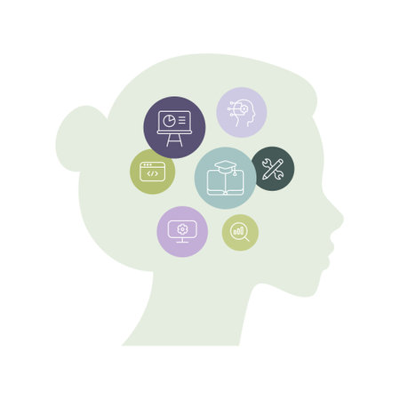 Hard skills and education concept. Vector flat design illustration. Female employee head profile with technical, business and management skill symbol isolated on white background.のイラスト素材
