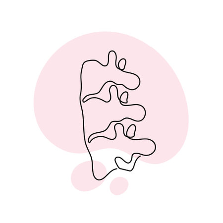Healthcare one line concept. Vector healthcare linear illustration. Spine vertebra and bone anatomy symbol silhouette on pink splash isolated on white background. Design for health care, orthopedicsのイラスト素材