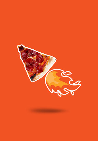 A slice of salami pepperoni pizza and a fire. Contemporary art collage.の写真素材