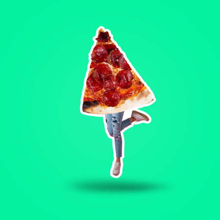 Slice of pepperoni salami pizza and the legs of a dancing woman. Contemporary art collage.の写真素材