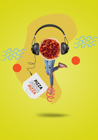 Contemporary art collage. Salami pepperoni pizza, headphones. Modern food concept.の写真素材